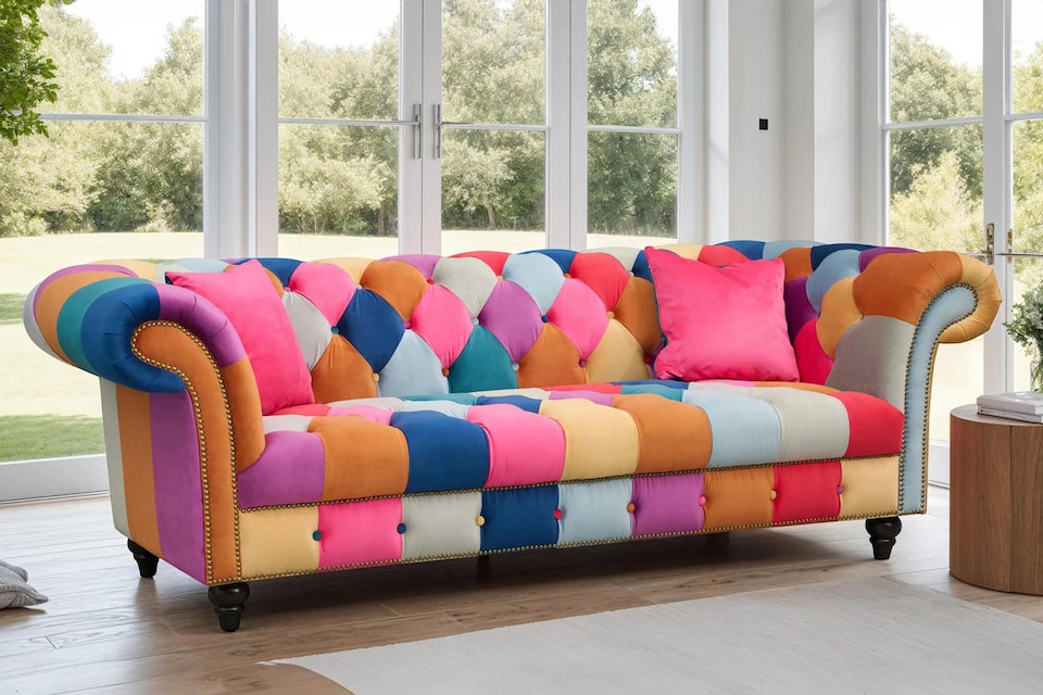 image 1 of Multicoloured Velvet Patchwork 3 Seater Scroll Arm Chesterfield Sofa PORTOFINO