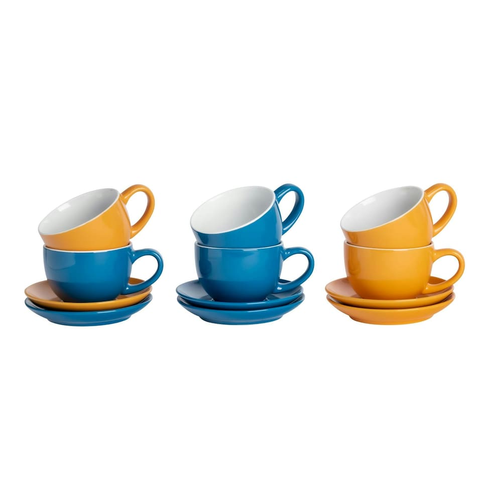 image 1 of Argon Tableware 12pc Coloured Cappuccino Cup & Saucer Set - 250ml - Blue/Yellow - Coffee Cup Latte Cup Drinking Cup