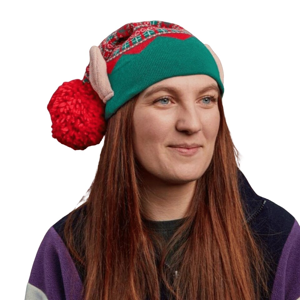image 1 of Luxury Red and Green Cotton Christmas Beanie Elf Hat