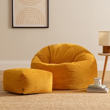 Kingston Cord Adults Bean Bag Chair and Pouffe, Ready Filled Beanbag and Footstool Ochre Yellow | Yellow | Ochre Yellow | 2