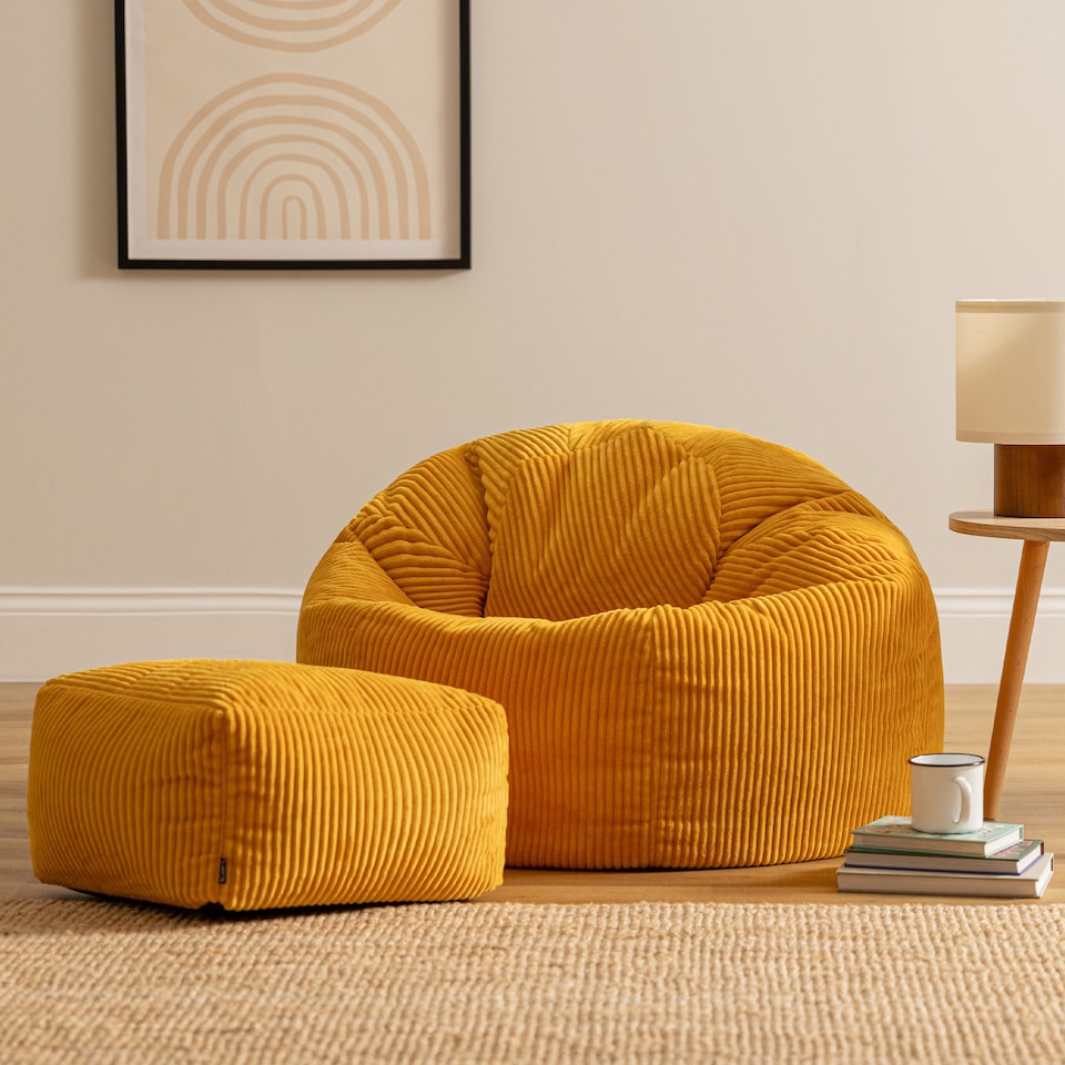 image 1 of Kingston Cord Adults Bean Bag Chair and Pouffe, Ready Filled Beanbag and Footstool Ochre Yellow | Yellow | Ochre Yellow | 2