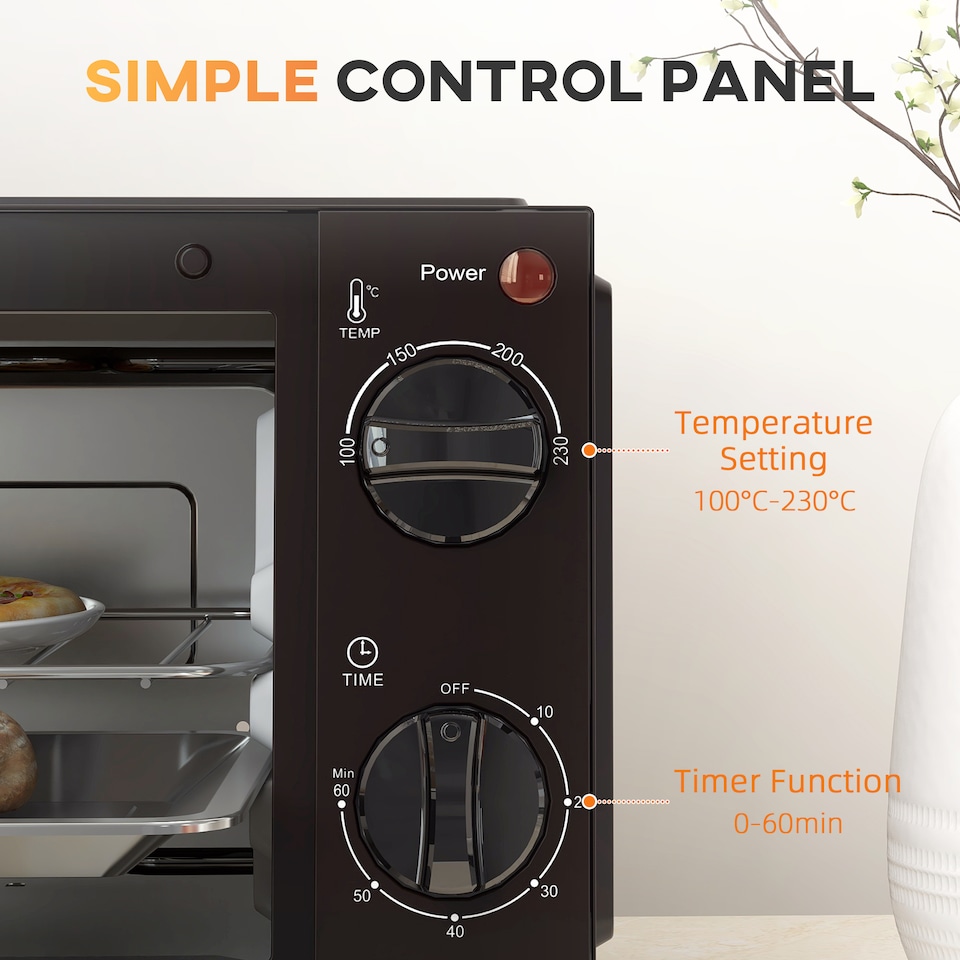 image 1 of HOMCOM Mini Oven, 9L Countertop Electric Grill, Toaster Oven with Adjustable Temperature, Timer, Dishwasher Safe Baking Tray and Wire Rack, 750W, Black