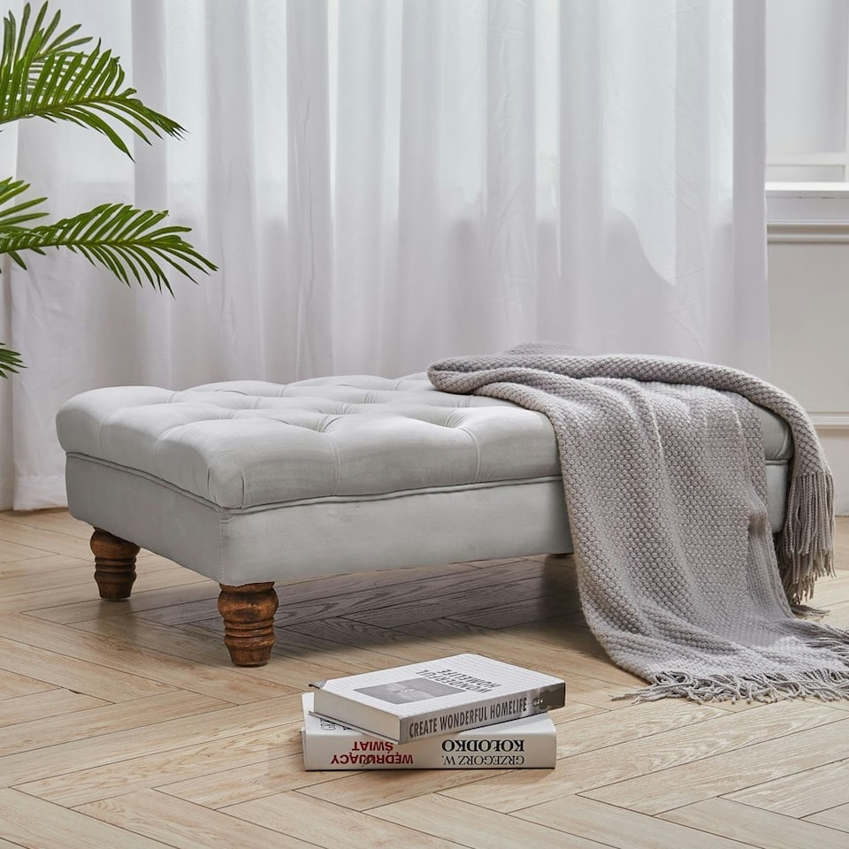 image 1 of Living and Home Buttoned Velvet Rectangular Ottoman Footstool with Gourd-shaped Legs - Grey