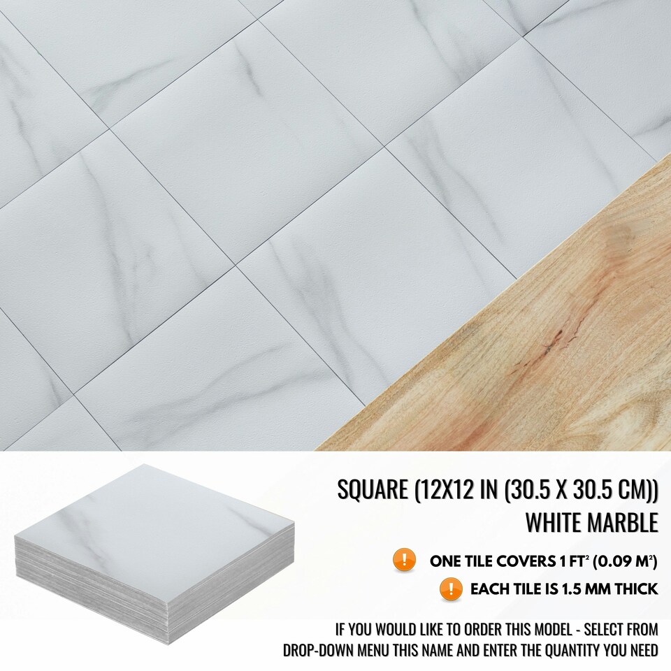 image 1 of NOVECRAFTO Vinyl Floor Tiles Self Adhesive – 18x18in Peel and Stick Waterproof Square Flooring for Kitchen, Bathroom & More – White Marble Design | White | 7.1 sqm