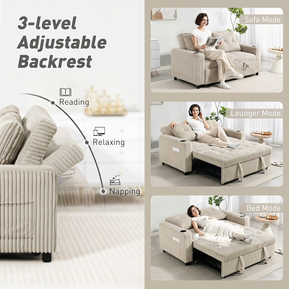 image 1 of HOMCOM Corduroy Click Clack Sleeper Sofa with Pull Out Design, Cream White