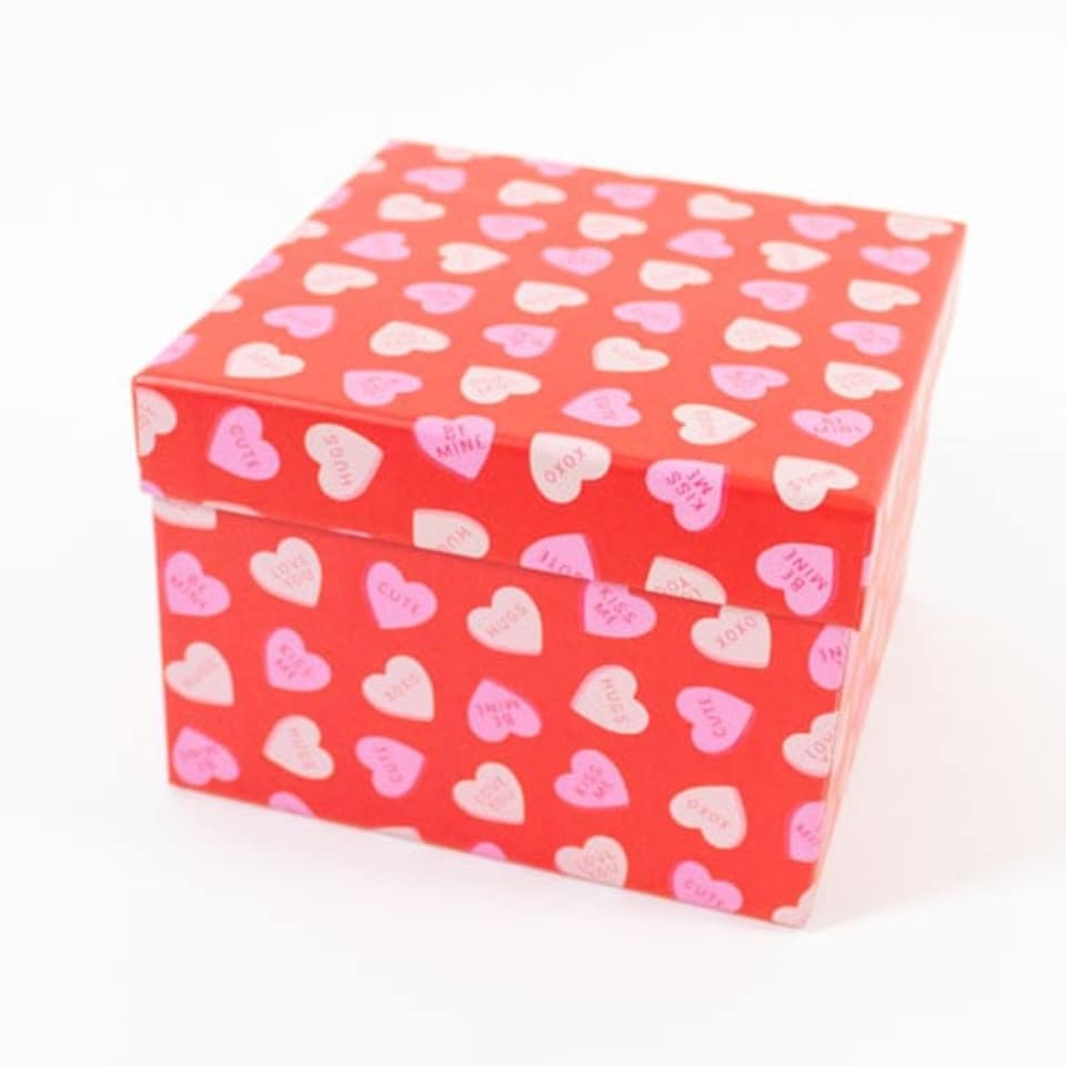 image 1 of Red with Sweet Phrases Love Hearts Valentine's Square Gift Box 16cm
