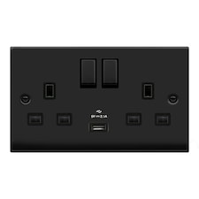 SE HOME Matt Black 2 Gang 13A DP Ingot 1 USB Twin Double Switched Plug Socket Black | Matt