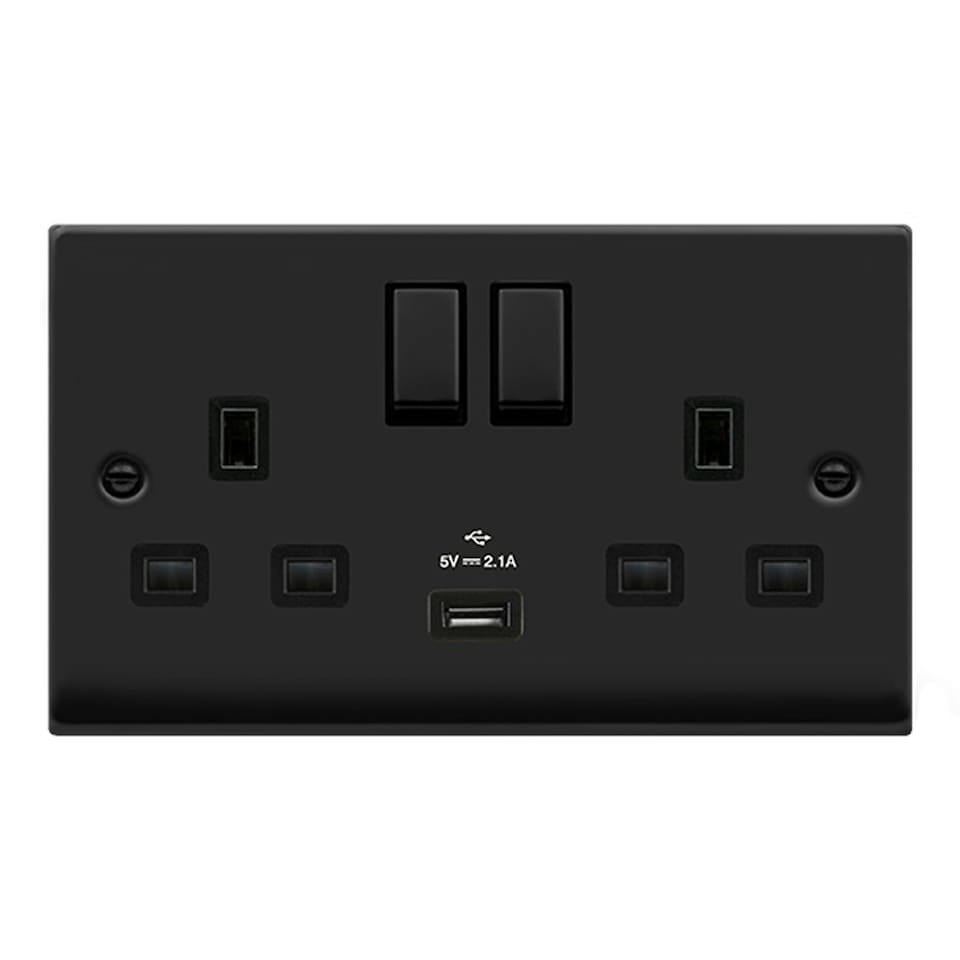 image 1 of SE HOME Matt Black 2 Gang 13A DP Ingot 1 USB Twin Double Switched Plug Socket Black | Matt
