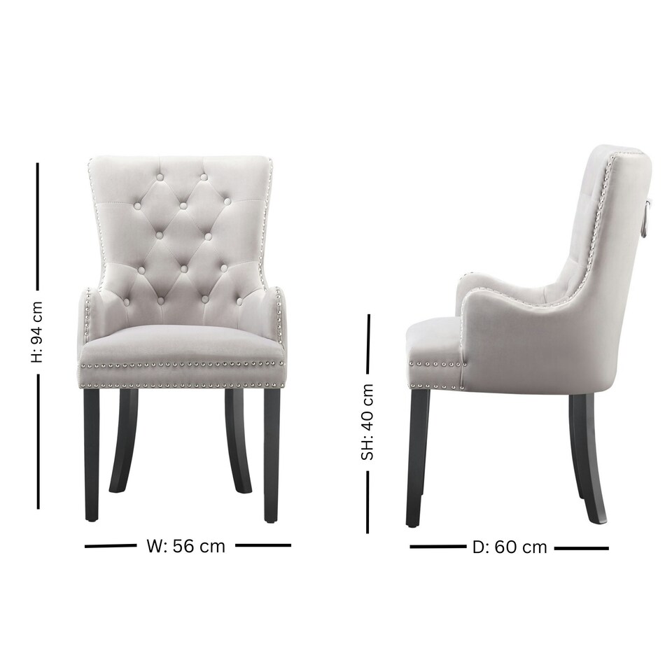 image 1 of Set of 6 Velvet Dining Chairs with Armrest, Ergonomic Scoop Knockerback & Button Tufted Wood Legs Grey | Light Grey