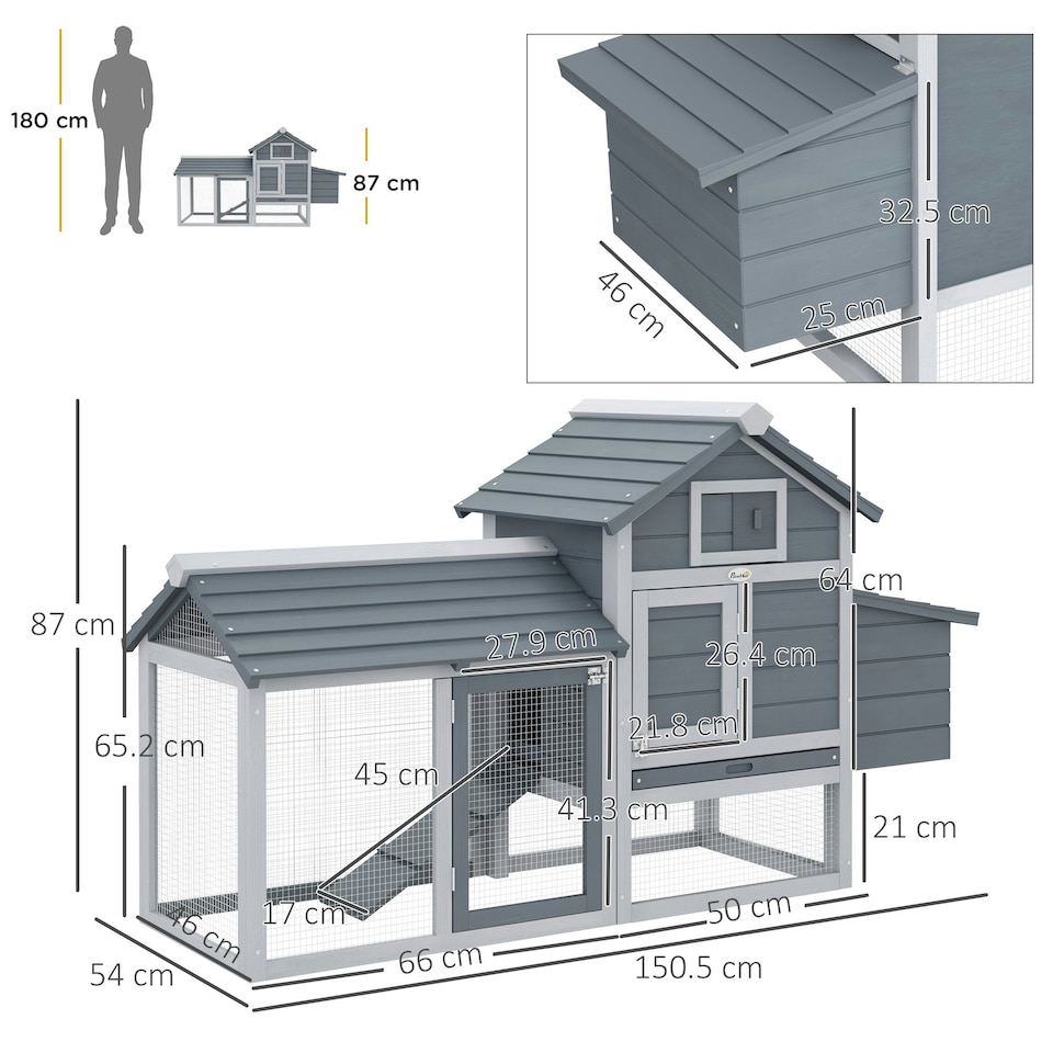 image 1 of PawHut Chicken Coop Hen Cage Small Animal Hutch Nesting Box Outdoor Run Grey