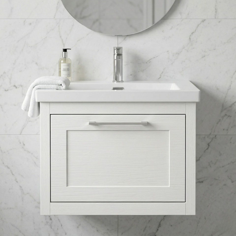 image 1 of Balterley Traditional Bathroom Wall Hung 1 Drawer Vanity Unit and 1 Tap Hole Modern Fireclay Basin | White | Nimbus White