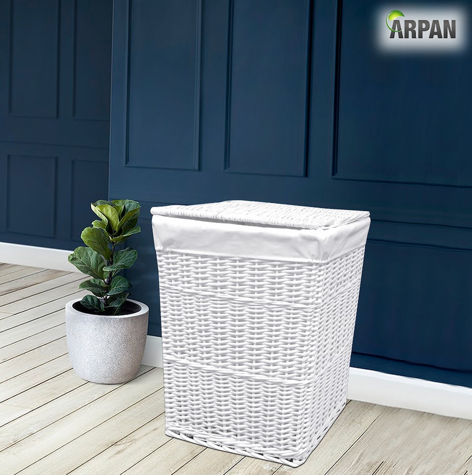 image 1 of ARPAN White Wicker Laundry Basket with Lid & Removable Washable Liner, Natural Woven Clothes Washing Hamper, Laundry Storage Basket for Bedroom, Bathroom & Utility Room