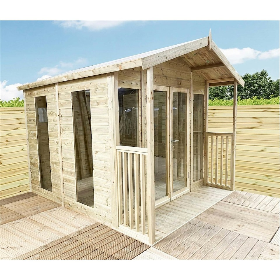 image 1 of 10 x 16 Pressure Treated Tongue And Groove Apex Summerhouse + Overhang + Verandah (10' x 16' / 10ft x 16ft) (10x16)