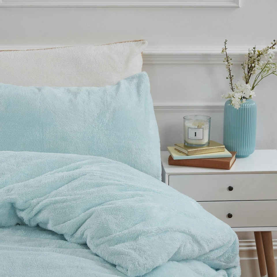 image 1 of Brentfords Ultra Soft Teddy Fleece Duvet Cover and Pillowcase Bedding Set, Single - Duck Egg Blue