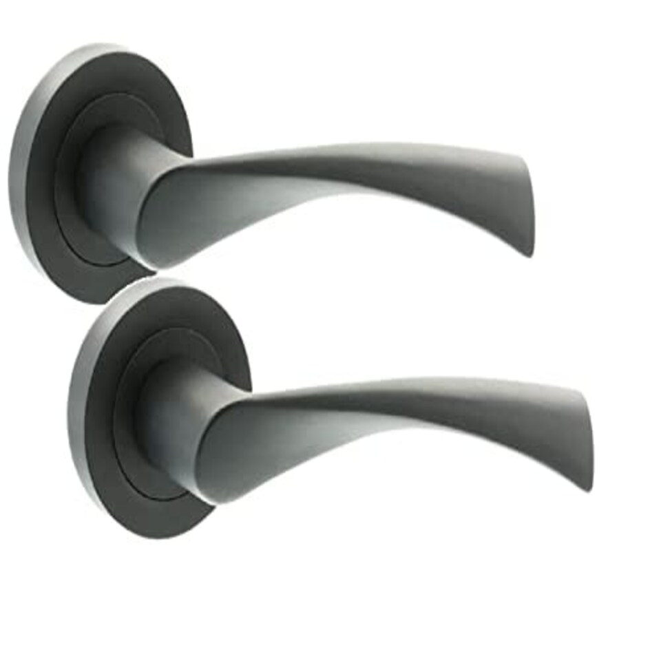image 1 of Golden Grace Astrid Twist Design Key Lock Door Handle on Round Rose Set in Matte Black Finish Complete with 3 Lever Mortise Lock & 1 Pair of Ball Bearing Hinges Black