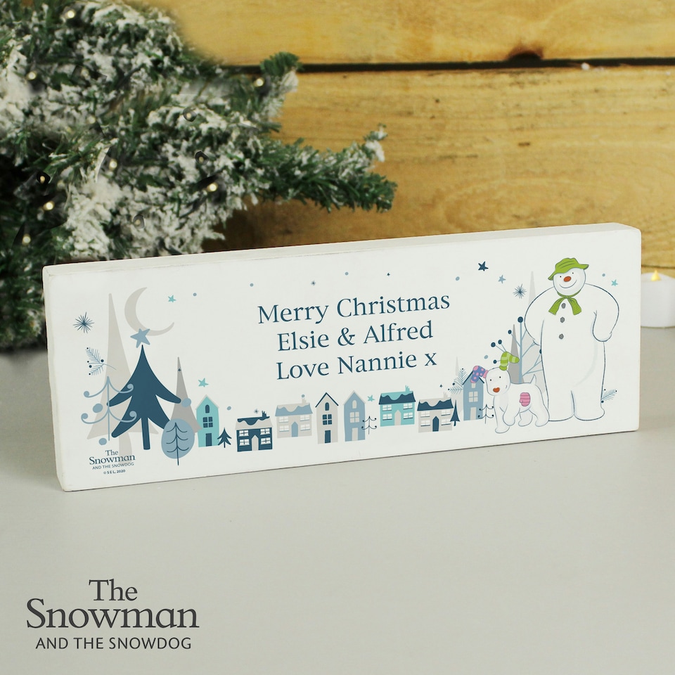image 1 of Personalised The Snowman and the Snowdog Wooden Mantel Decoration