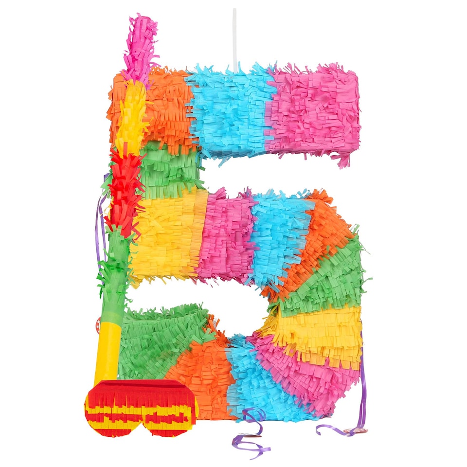 image 1 of Pinatas Number 5 Cardboard Pinata, Stick and Blindfold Set - W35cm x D7.5cm x H50cm - Multi