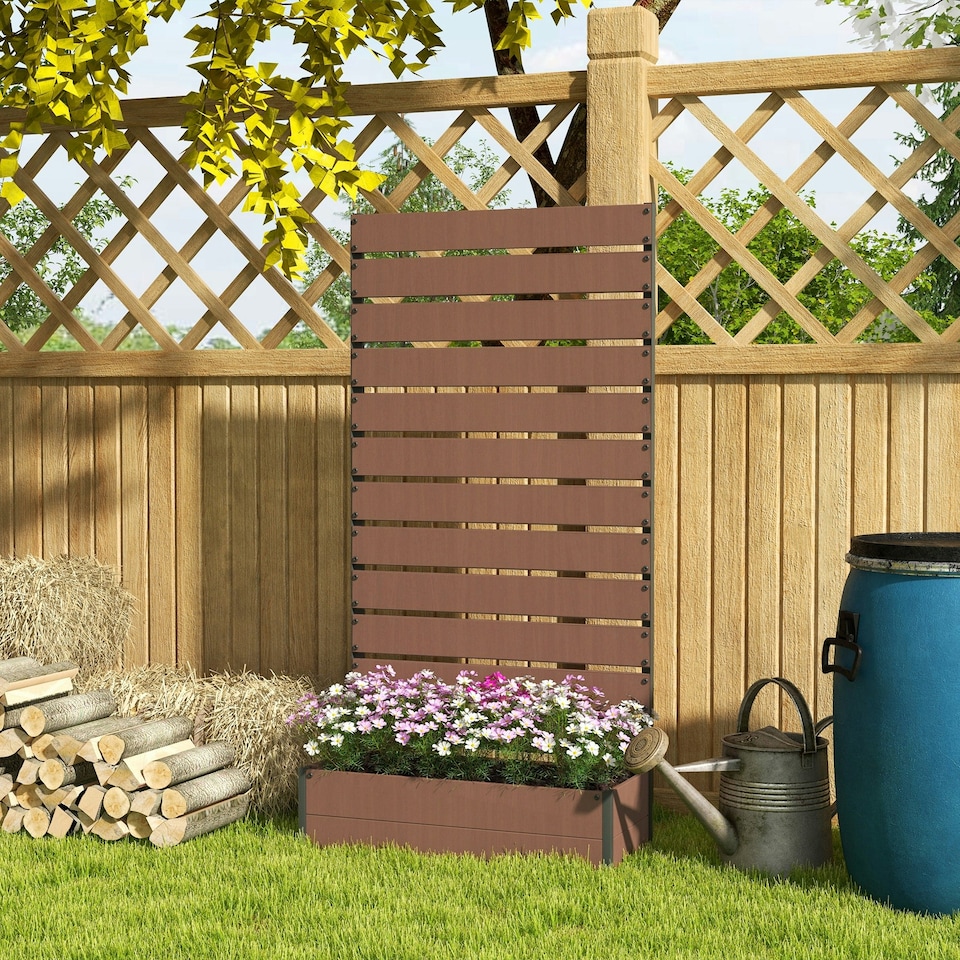 image 1 of Outsunny Raised Garden Bed with Trellis Standing Patio Planter Box Light Brown