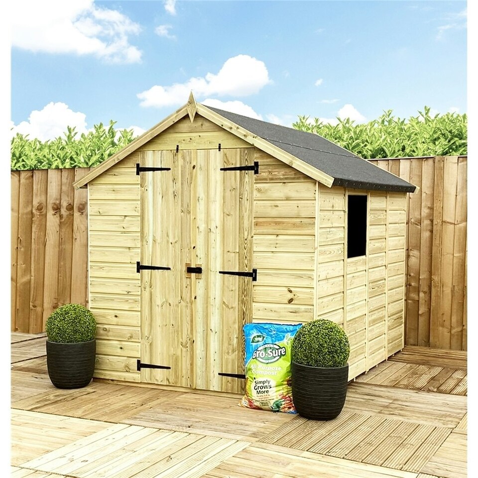 image 1 of 7 x 5 Pressure Treated Tongue And Groove Double Door Apex Shed - 1 Window + Low Eaves (7' x 5') / (7ft x 5ft) (7x5)