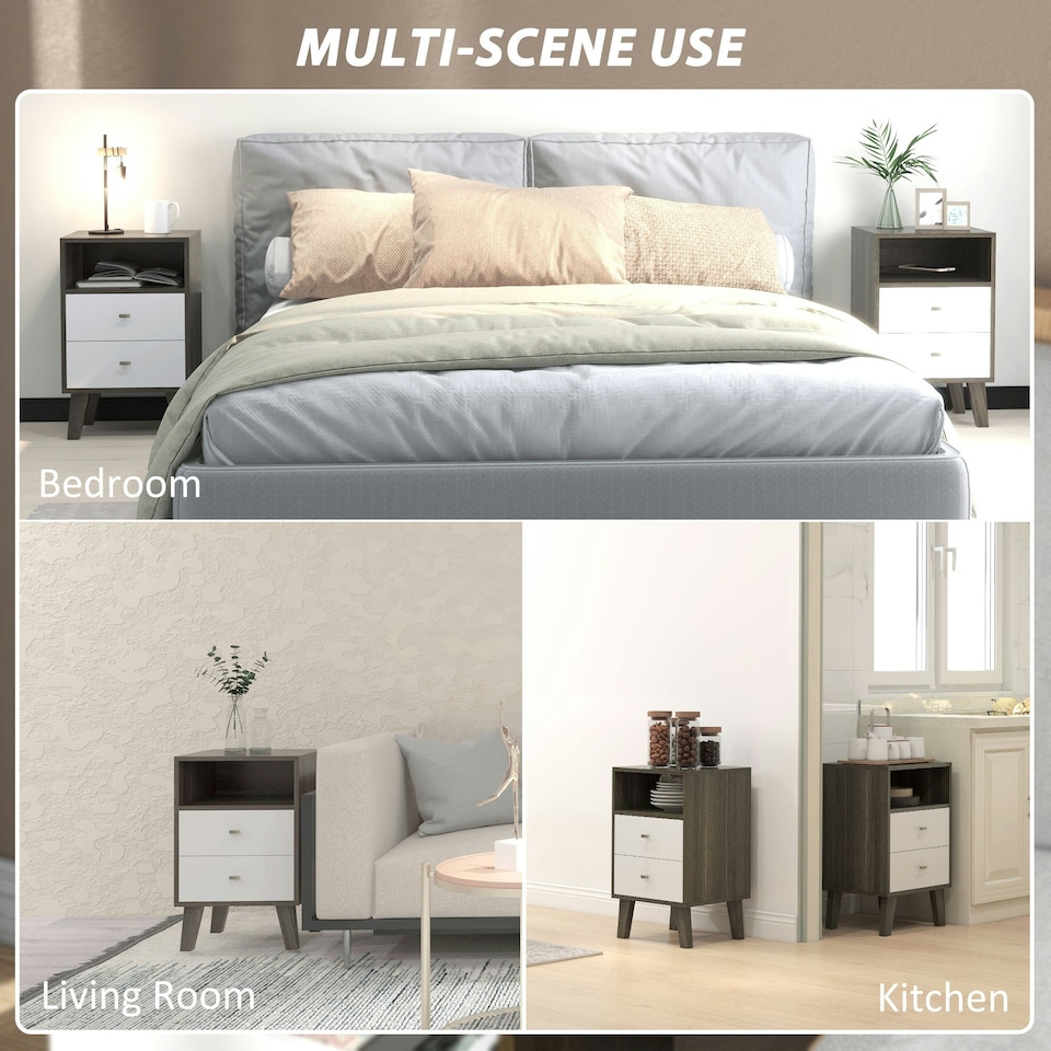 image 1 of HOMCOM Bedside Tables Set of 2, Modern Nightstand with 2 Drawers and Open Cubby