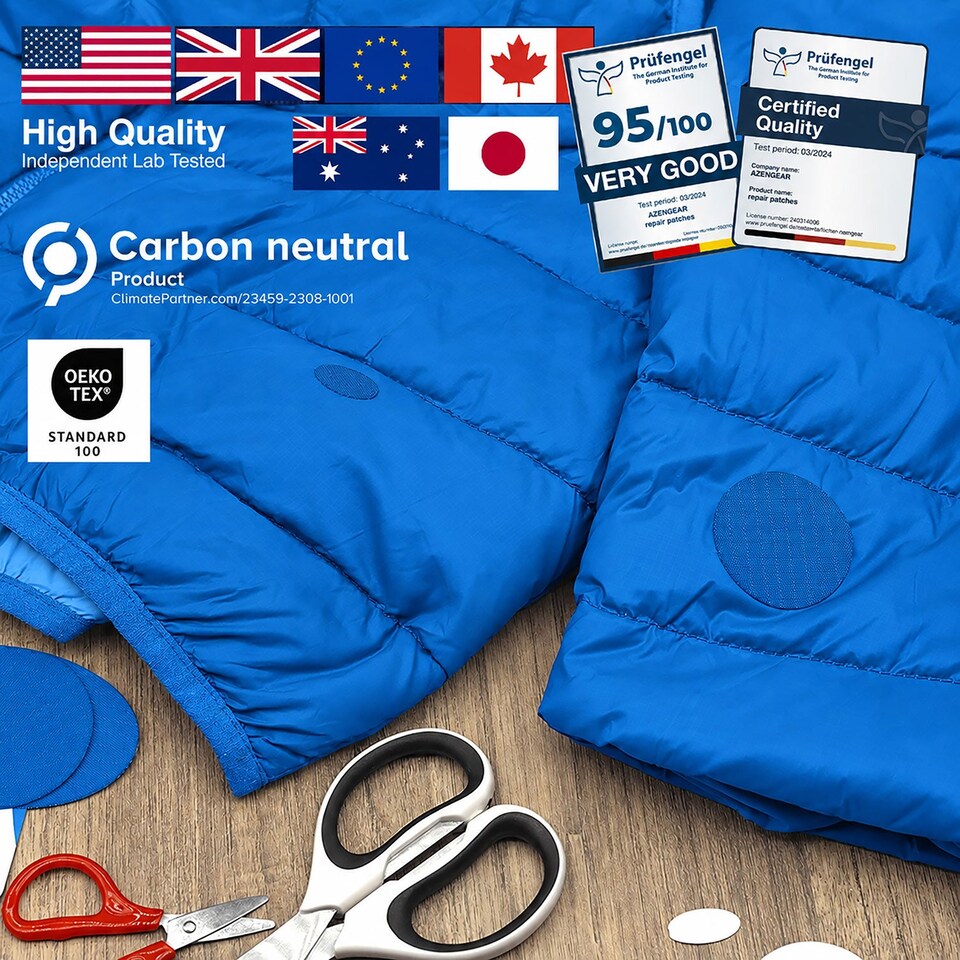 image 1 of aZengear Repair Patches for Jackets, Tent, Shoe, Gear - Waterproof, Self-Adhesive, Tear-Cold-Heat-Resistant (11 Pieces, Blue)