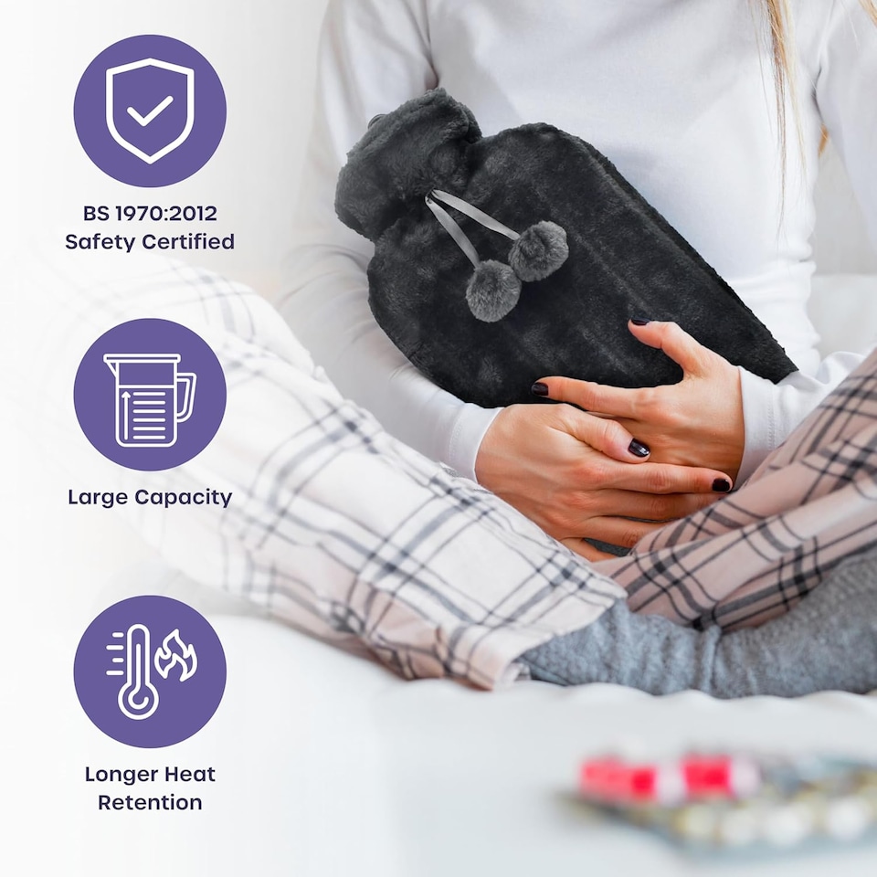 image 1 of 3.5L Extra Large Hot Water Bottle - Faux Fur Covered for Pain Relief, Hand and Foot Warmer | Grey | Grey | 3.5L
