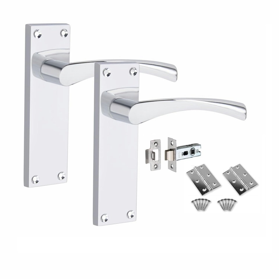 image 1 of Golden Grace 1 Set Victorian Scroll Astrid Door Handles in Polished Chrome with 1 Pair of 3" Standard Butt Hinges & Latches Pack - 150mm x 40mm Backplate | Chrome | 1 Set