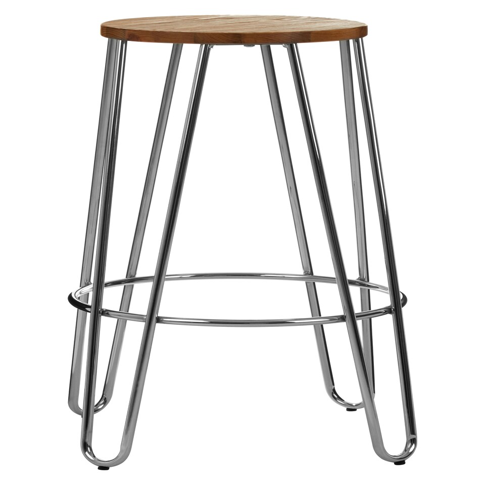 image 1 of Interiors by Premier Chrome Metal and Elm Wood Round Bar Stool, Hairpin Stool, Sturdy Stool for Bar, Kitchen Counter