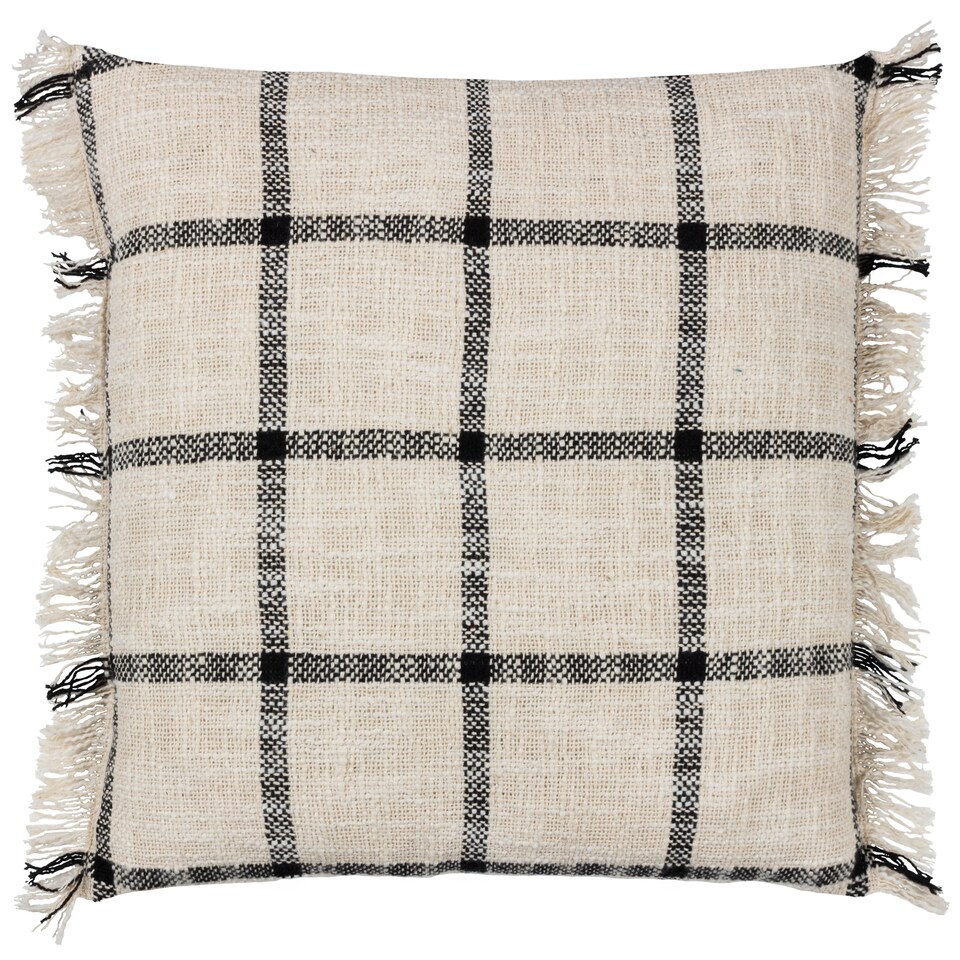 image 1 of Yard Beni Check Fringed Cushion, Natural/Black, 45 x 45cm