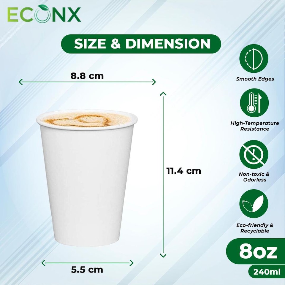 image 1 of ECONX 8oz Disposable Single Wall White Paper Cups Cold Coffee Drinks Takeaway Cups Pack Of 50