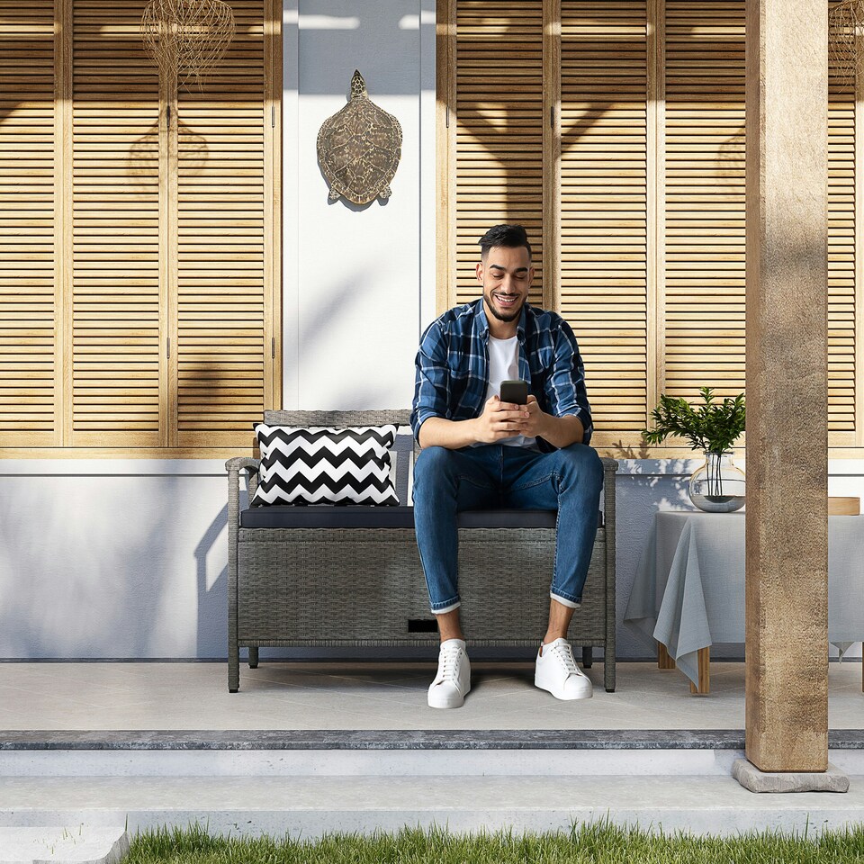 image 1 of Outsunny 160L Rattan Garden Storage Bench, Cushioned Outdoor Bench, Grey Grey