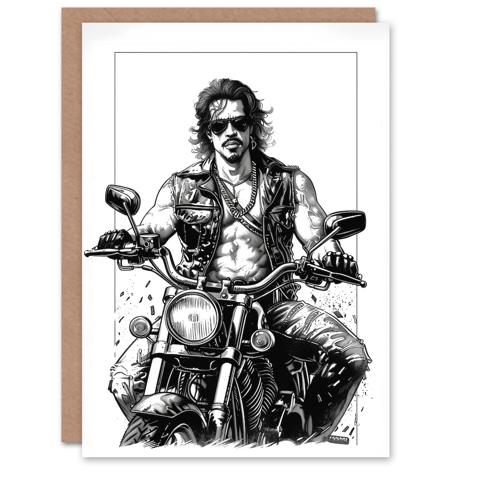 image 1 of Birthday Card Biker Drawing Muscle Sexy Motorbike Leather For Him Her