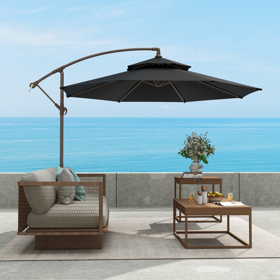 image 1 of Outsunny 2.7m Garden Banana Parasol Cantilever Umbrella with Crank Handle, Double Tier Canopy and Cross Base for Outdoor, Hanging Sun Shade, Black