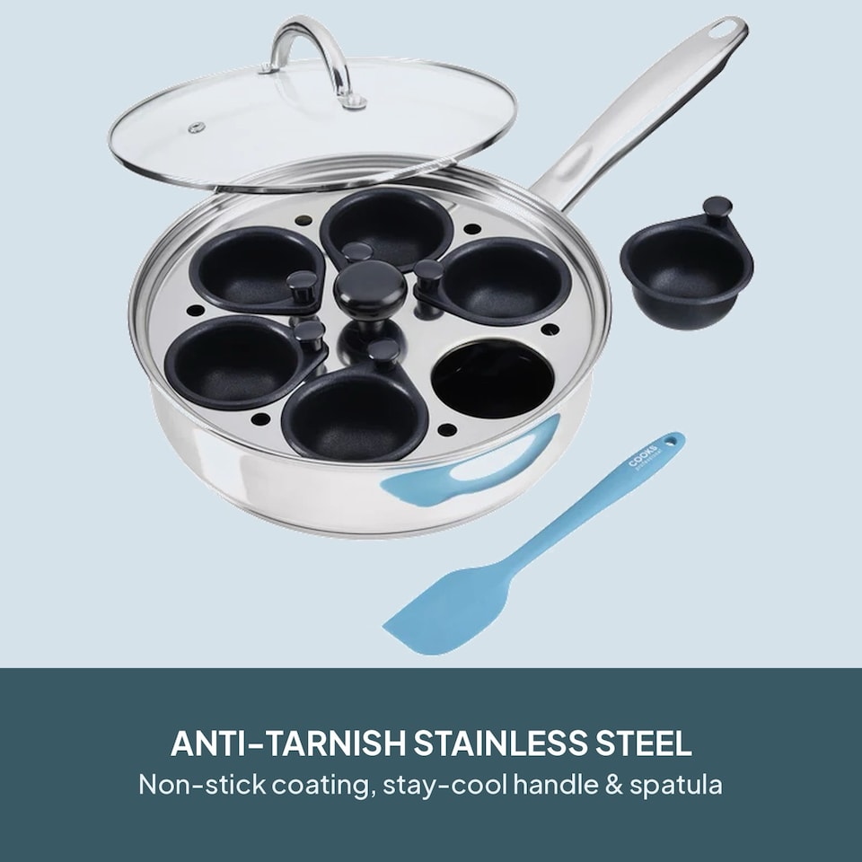 image 1 of Cooks Professional Stainless Steel Egg Poacher Pan with Lid & Spatula - 2, 4 or 6 Cup