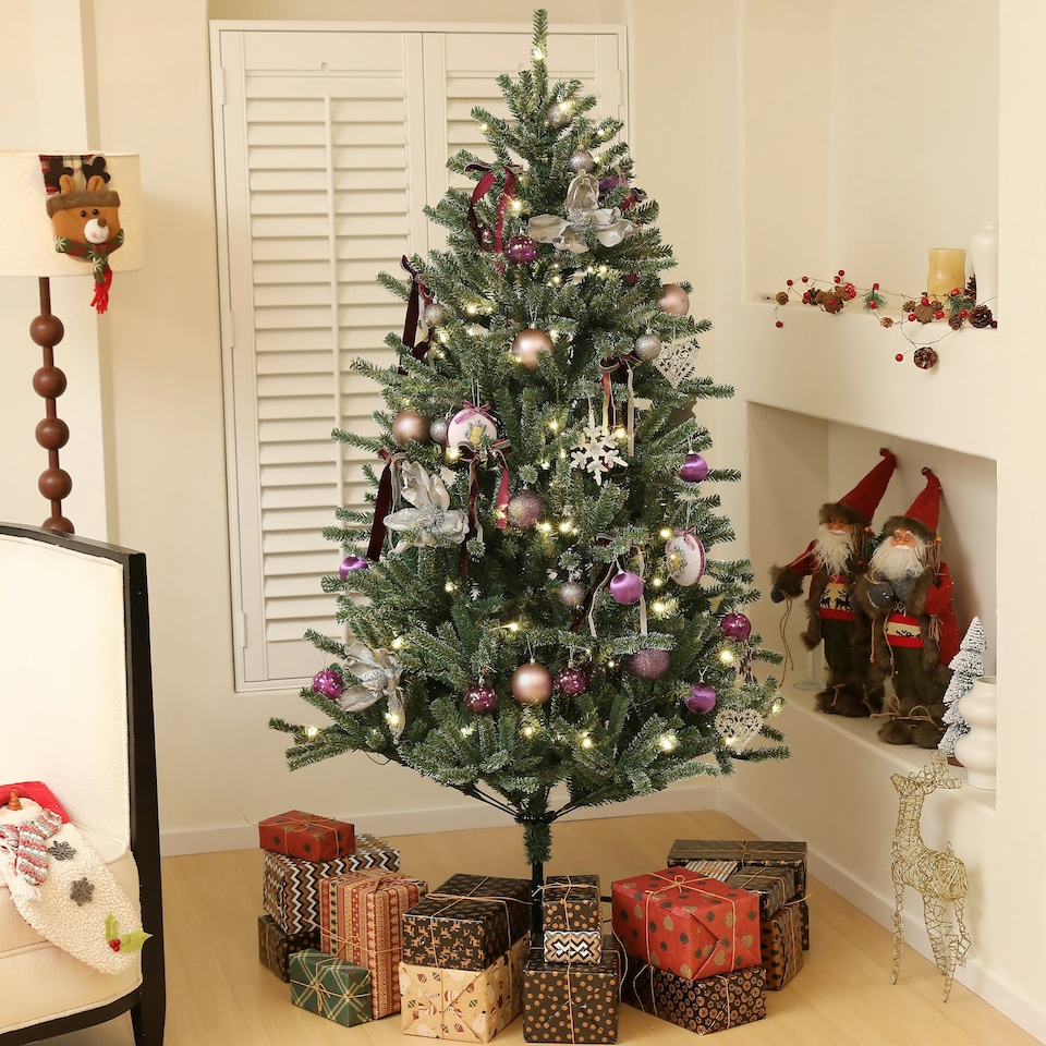 image 1 of HOMCOM 6ft Artificial Prelit Christmas Tree w/ LED Lights, Purple Ornaments