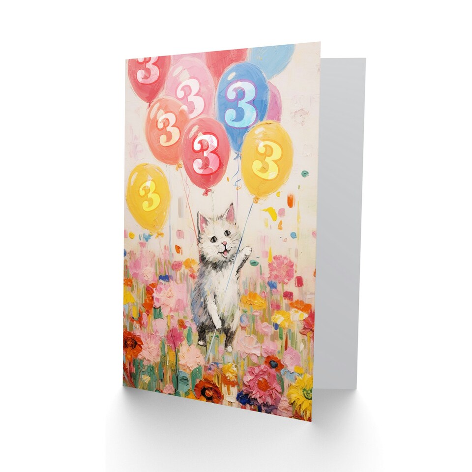 image 1 of Flowers Kitty Balloons Age 3 Year Old Cat Child Kids 3rd Birthday Card