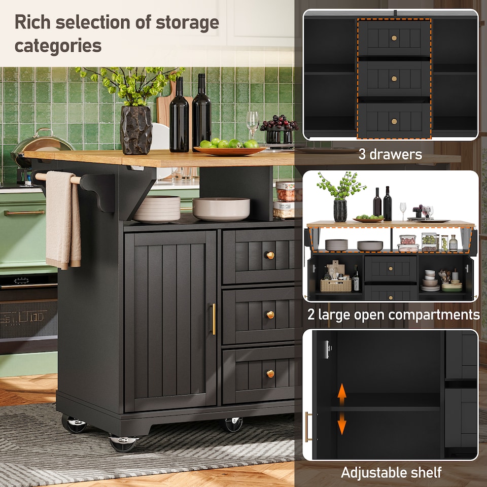 image 1 of VILUXE Kitchen island, cabinet, sideboard 120 x 40 (80) x 95 cm, extendable kitchen trolley with casters, extendable on both sides, with towel rail and spice rack, two doors, three drawers, black/white