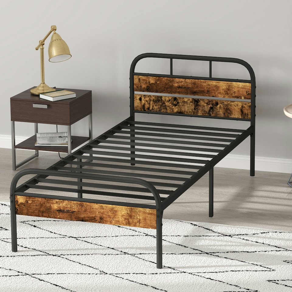 image 1 of HOMCOM Single Bed Frame with Headboard, No Box Spring Needed, Rustic Brown