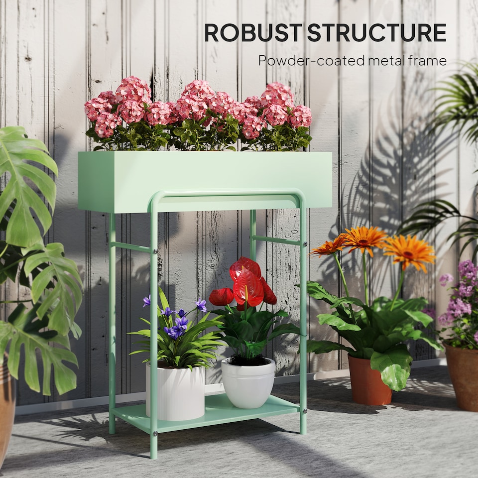 image 1 of Outsunny 2 Tier Plant Stand, Metal Plant Rack with Drain Holes, Green | Green | Green