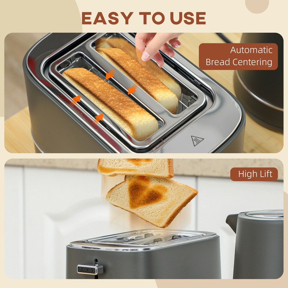 image 1 of HOMCOM 1.7L 3000W Fast Boil Electric Kettle and 2 Slice Toaster Set, Grey