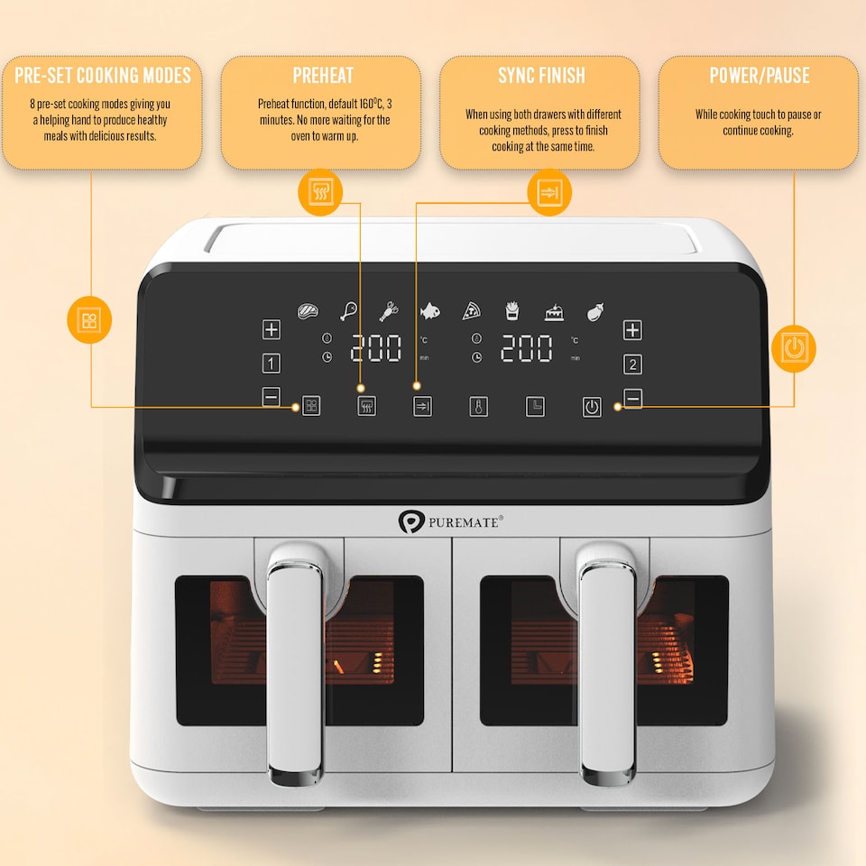 image 1 of PureMate 9 Litre Digital Dual Air Fryer - White
