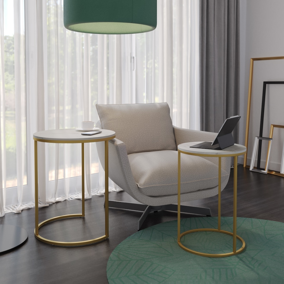 image 1 of 2Pc Round Nesting Stackable Sofa Side Bedside End Table Set Wood Top Metal Legs | Multi | White Marble Top with Gold Legs