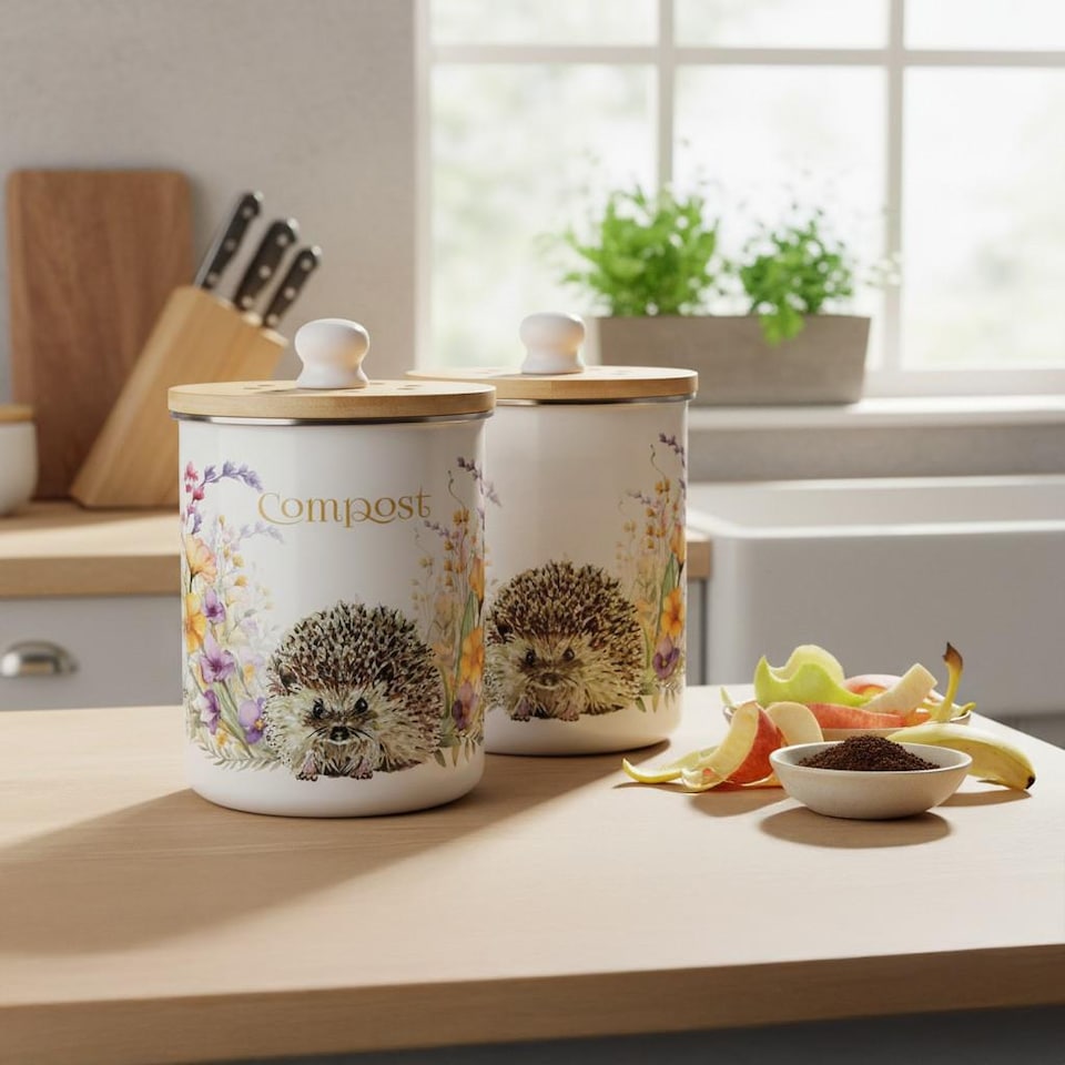 image 1 of Floral Hedgehog Compost Caddy - Metal 2L Decorative Kitchen Food Waste Bin