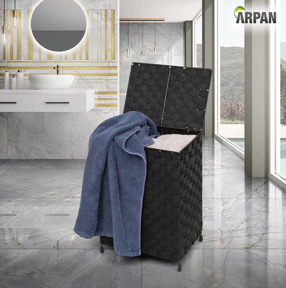 image 1 of ARPAN Laundry Basket Hamper with Lid & Insert Handles – Washing Bin Storage Organiser for Clothes, Toys & Household Essentials
