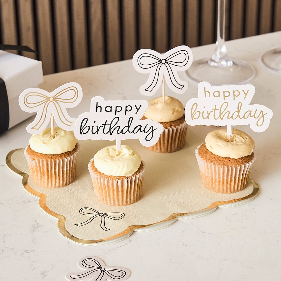 image 1 of Gold & Black Happy Birthday Bow Food Cake Picks - Pack of 12