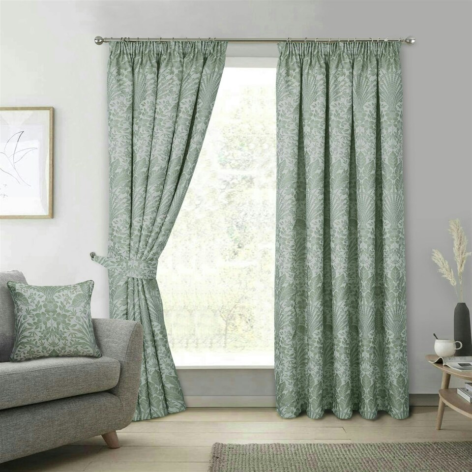 image 1 of Keswick Floral Pencil Pleat Curtains - Green - 117cm x 229cm