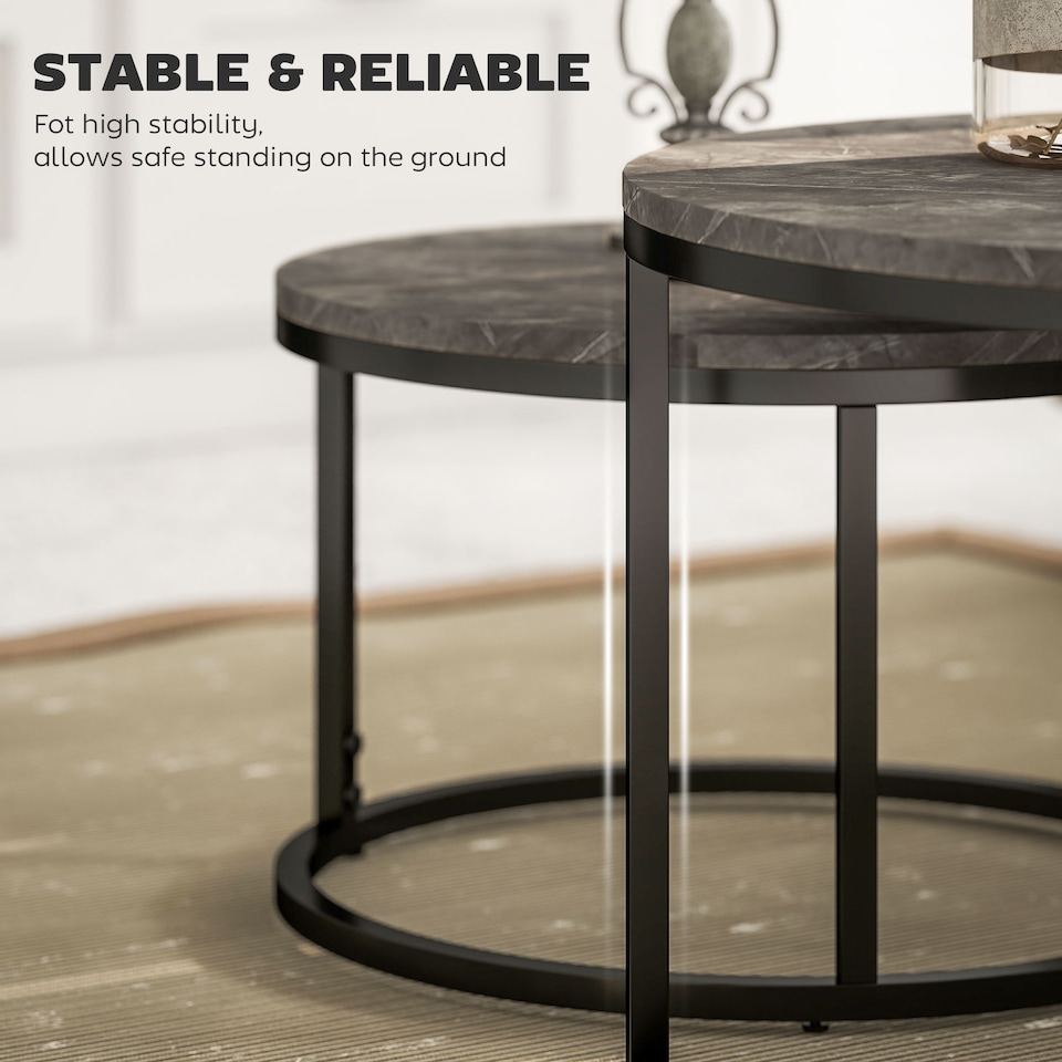 image 1 of HOMCOM 2 Pcs Stacking Coffee Table Set Steel Frame, Marble Dark Grey | Grey