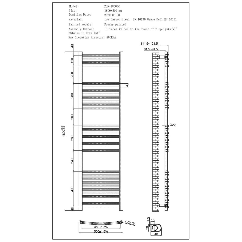 image 1 of Zennor - Anthracite Dual Fuel Towel Rail H1800mm x W500mm Thermostatic WIFI - Curved