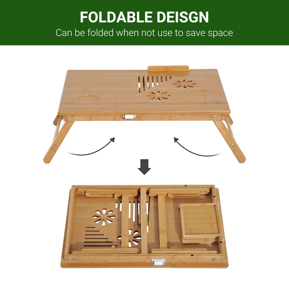 image 1 of HOMCOM Portable Laptop Desk Notebook Tray PC Bed Table Drawer Adjustable Bamboo