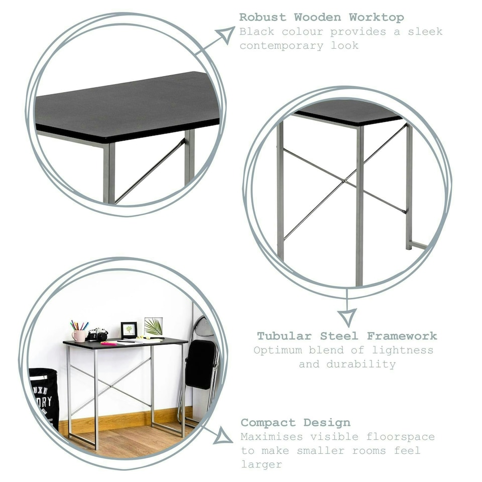 image 1 of Harbour Housewares Industrial Office Desk & Chair Set - Black/Black - Computer Desk Wooden Desk Laptop Desk PC Desk Black